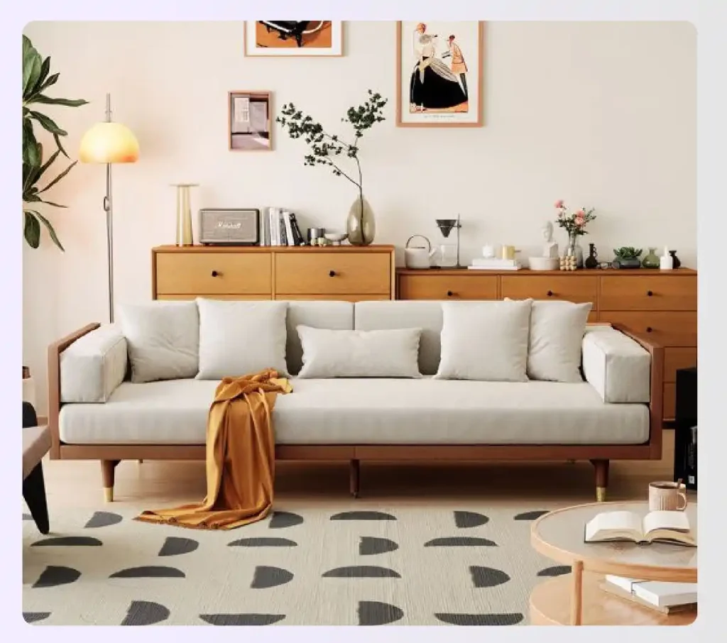 Modern sofa with tall and thin wooden legs