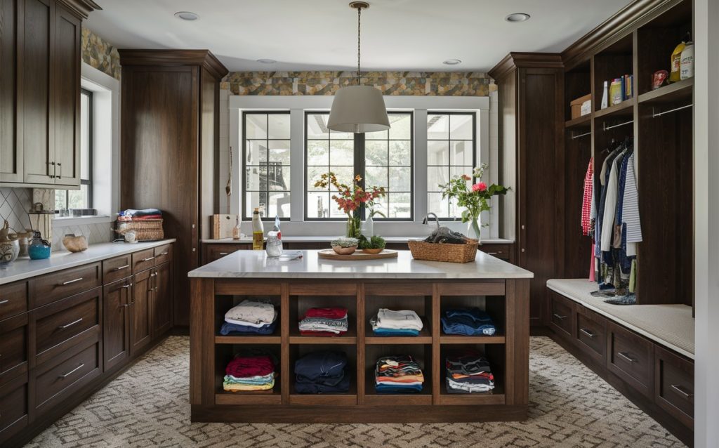 Spacious mudroom island offering ample storage solutions