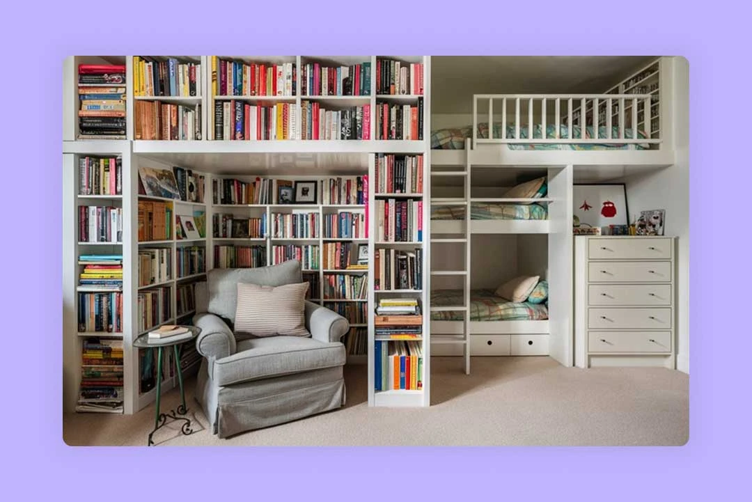 Multipurpose room with bookshelves, bunk beds, and a comfortable chair.