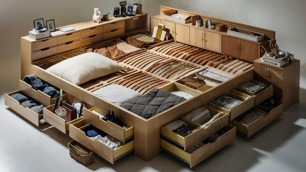 Platform bed with multiple built-in storage compartments