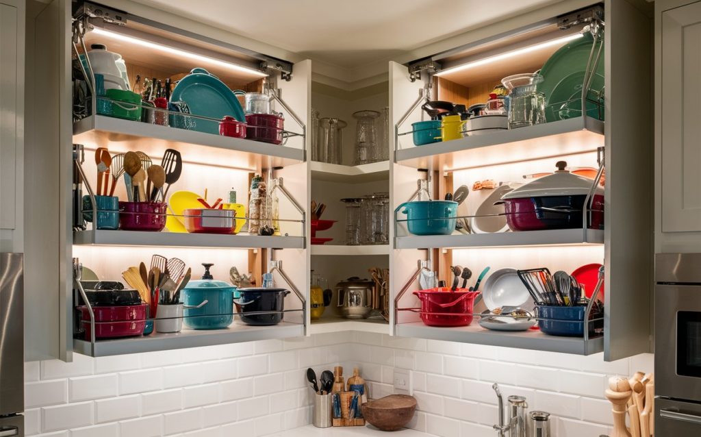 Adjustable pull-down shelves optimize storage space.