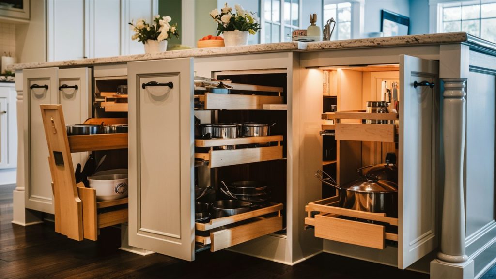 Pullout cabinets integrated into the kitchen island for efficient storage