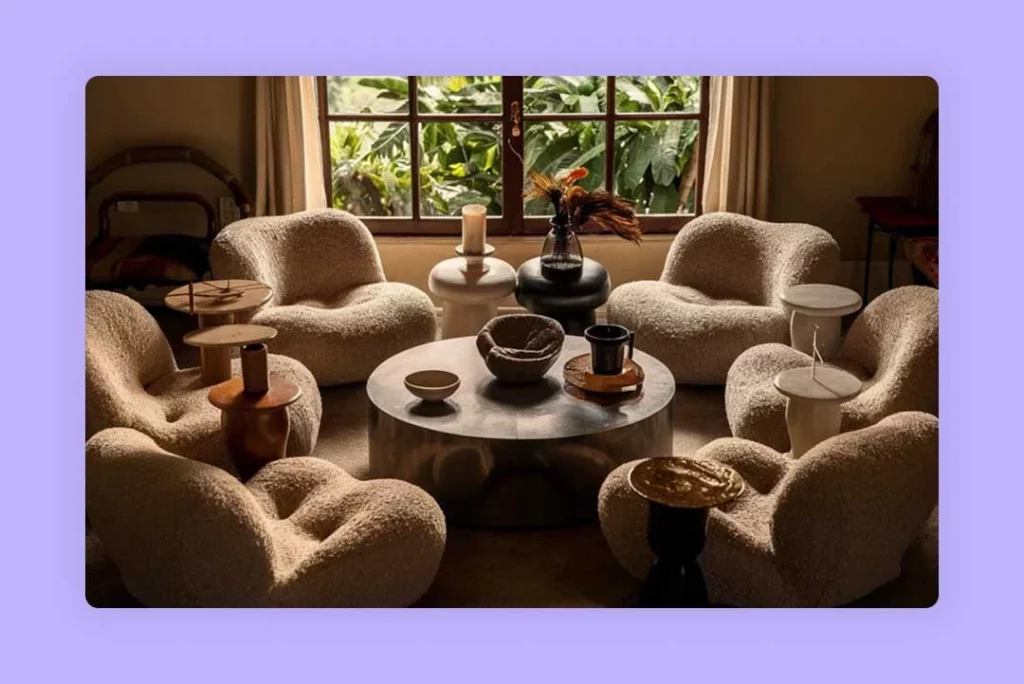 Several chairs sitting around a wooden coffee table in a carpeted living room