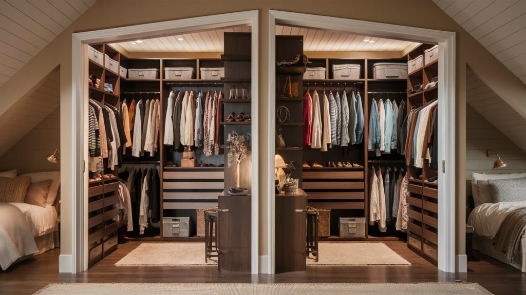 Spacious walk-in closet with organized shelves and hanging space