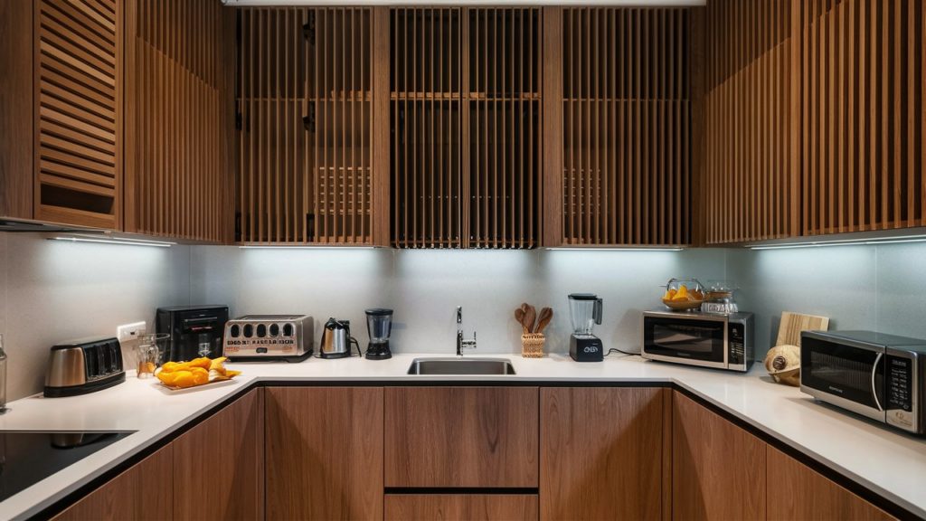 Tambour doors concealing storage in a modern breakfast area