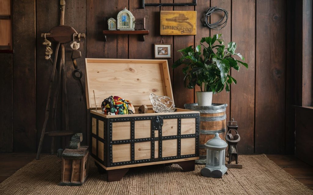 Antique Wooden Treasure Chest with Ornate Details, Perfect for Safeguarding Your Precious Collectibles