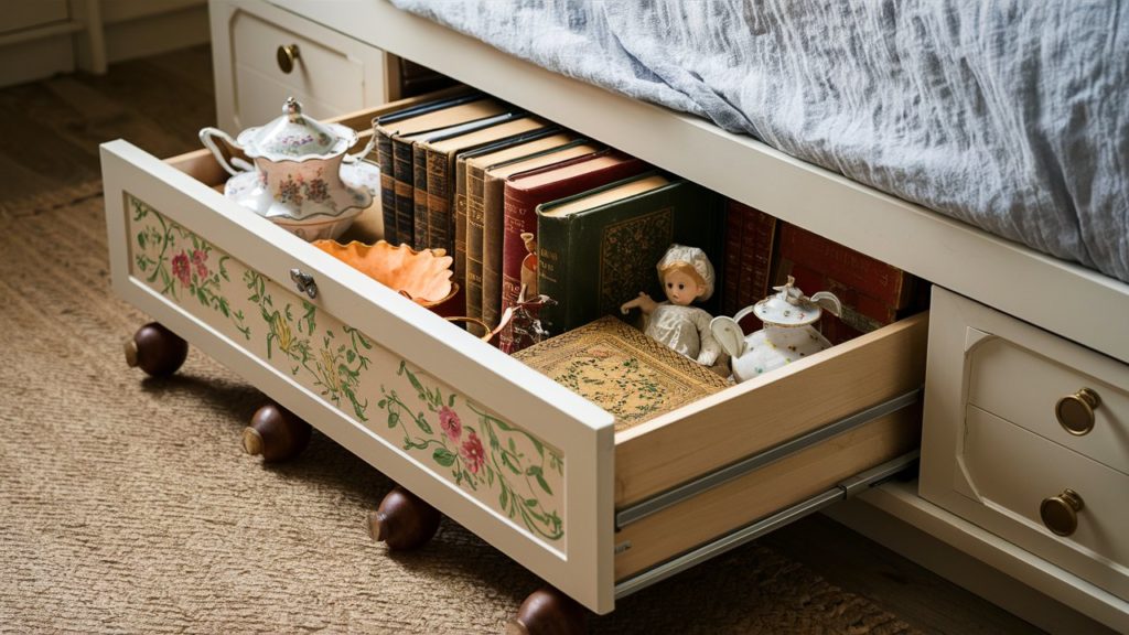 Under-bed storage bins holding various items for space-saving organization