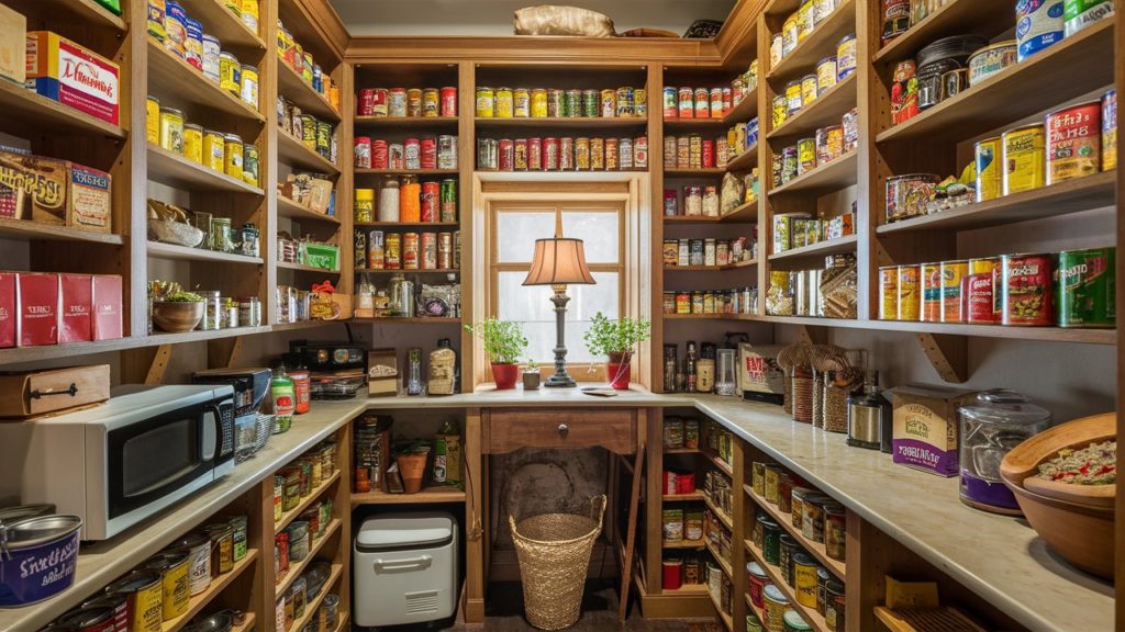 Spacious walk-in pantry with neatly organized shelves