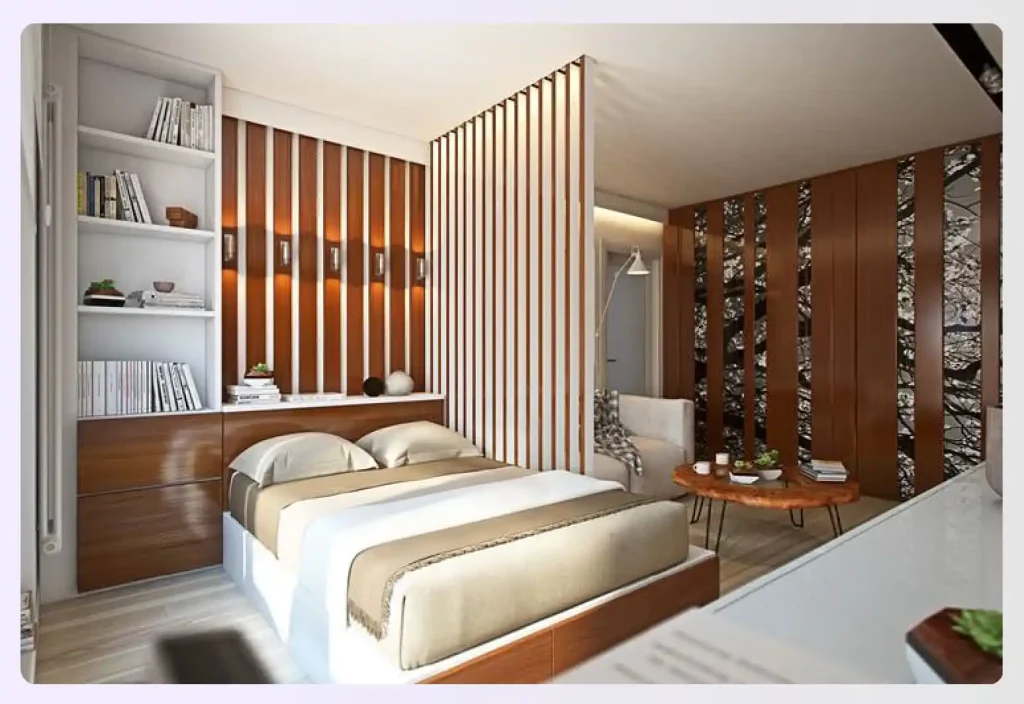 Wooden slat partition separating a bedroom from a living area