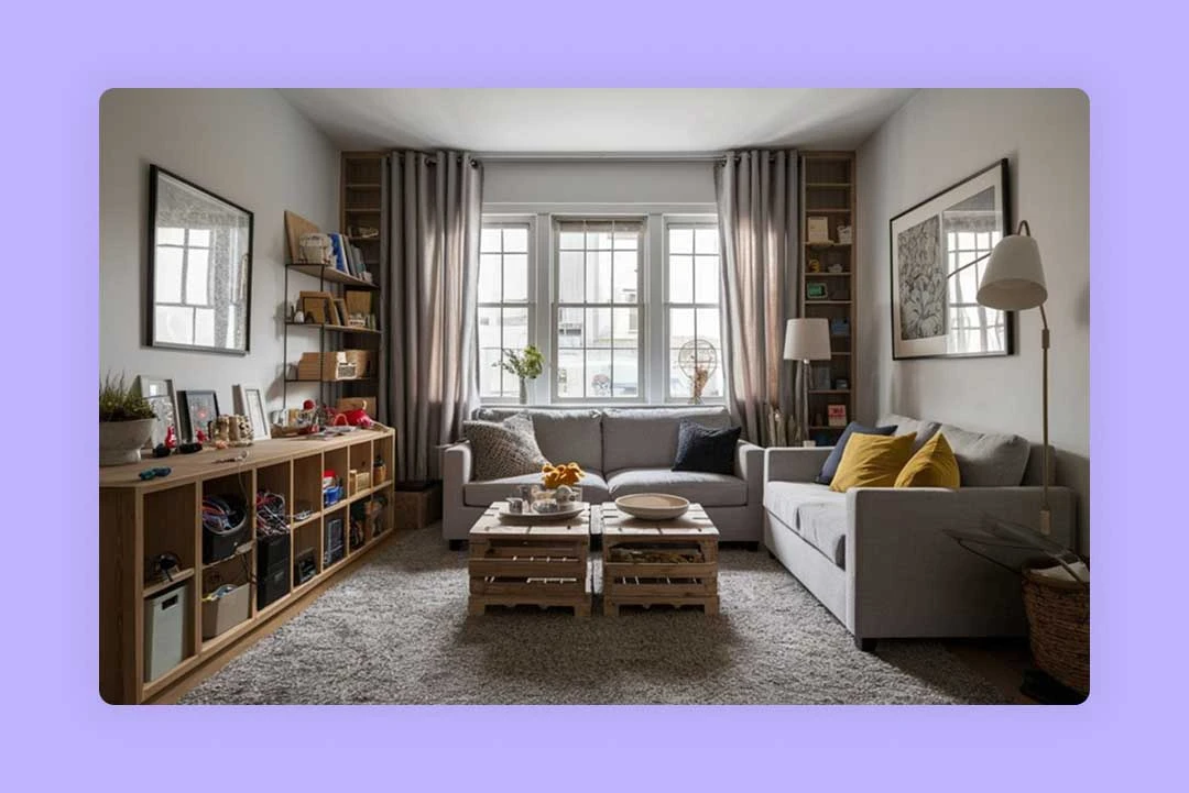 bright living room featuring a couch with a throw blanket, a unique coffee table made from crates, and decorative shelves.
