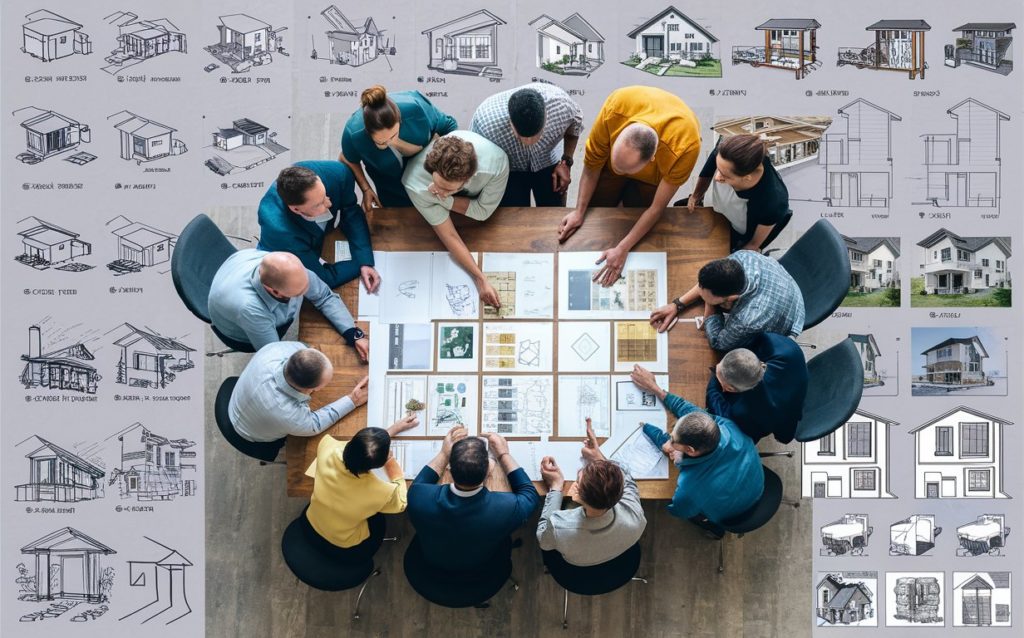 A group of people gathers around a table to finalize architectural drawings and house designs.