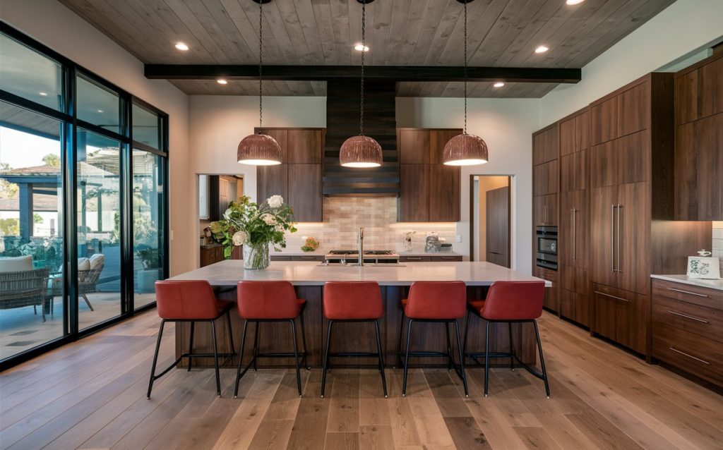 A modern kitchen with wooden cabinets, a center island, and leather stools.
