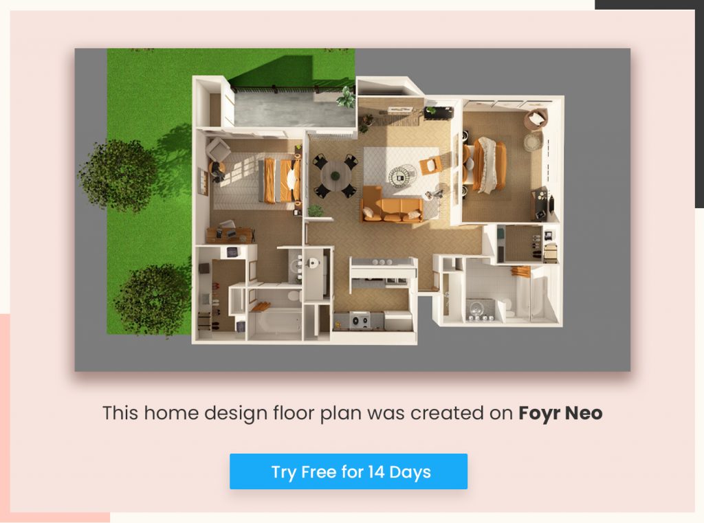 A sample floor plan layout for a house designed with Foyr Neo.