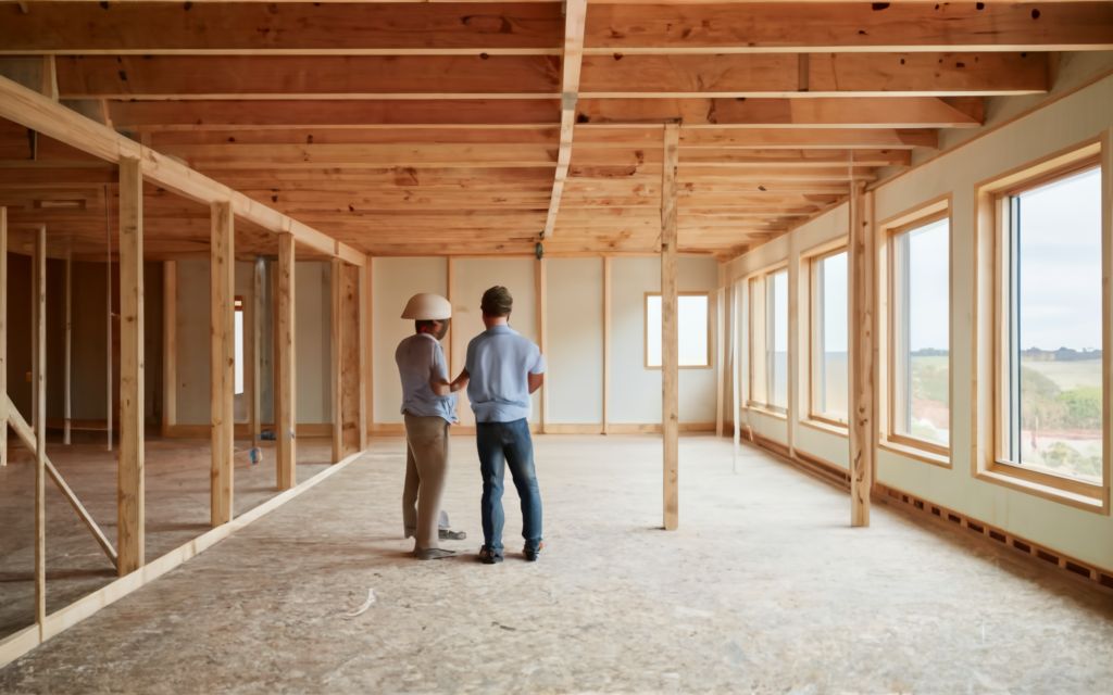 Two professionals collaborating on a construction site, discussing plans in a partially built wooden structure with large windows.