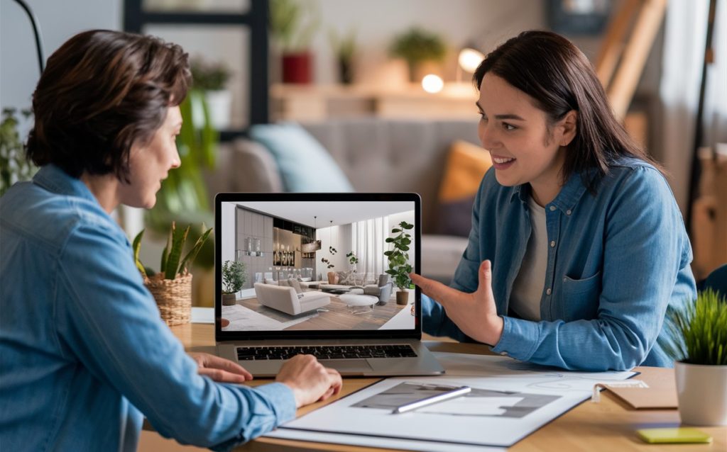 Two women discussing an interior design project on a laptop