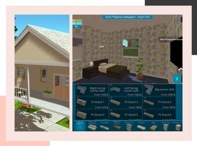 A screenshot from Home Design 3D showing an exterior view and interior furniture selection.