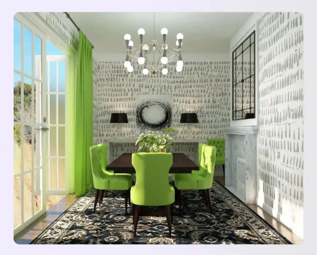 A dining room with bright green chairs showing transitional style