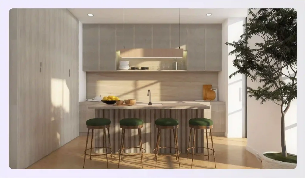 A modern kitchen designed in the minimalist Japandi style