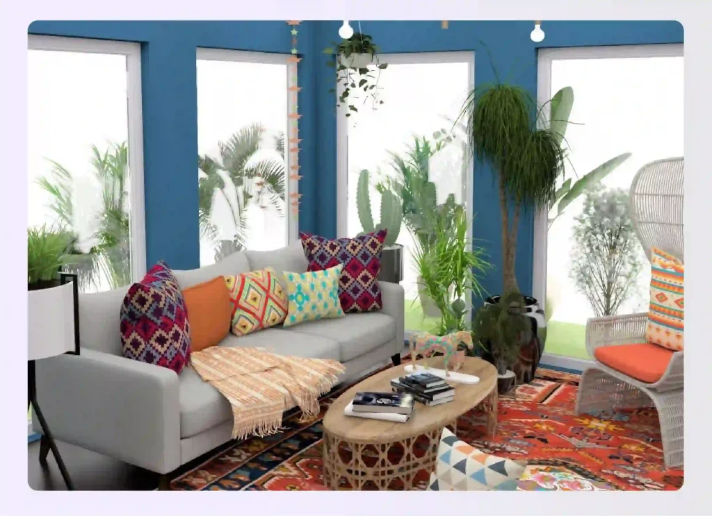 A sunroom decorated in the bohemian interior design style