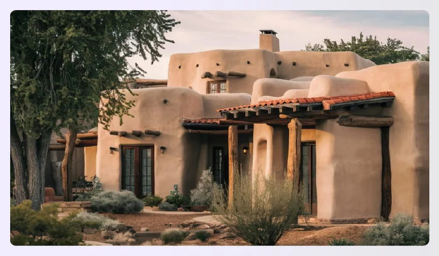 Adobe Pueblo Revival home with flat roof