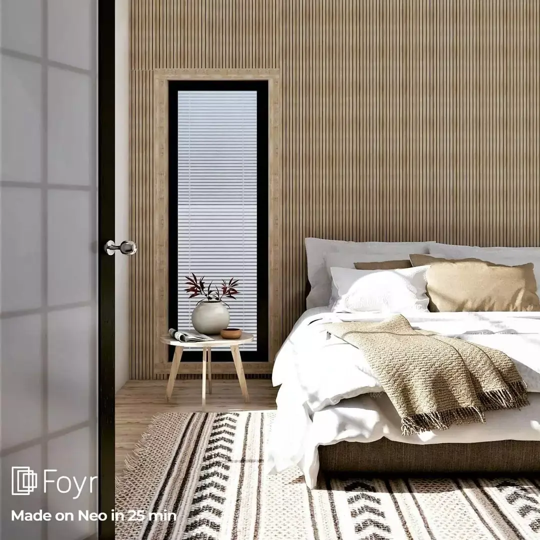Bedroom with a Scandinavian-Japandi fusion style interior design, featuring a platform bed, rug, and window.