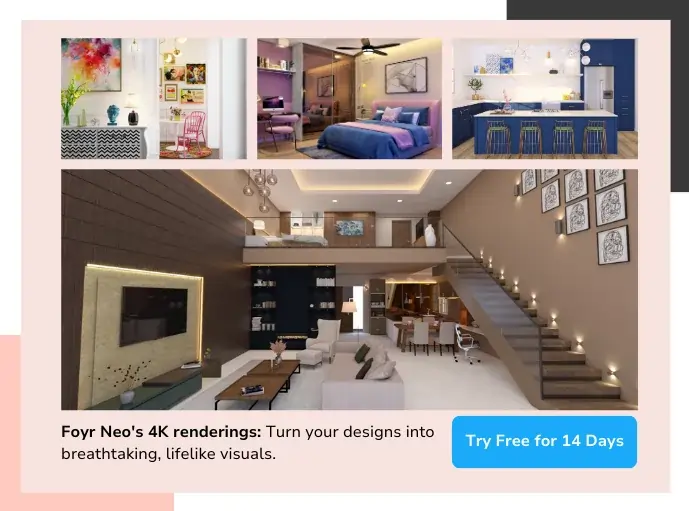 Four interior design renderings of a living room, bedroom, kitchen, and staircase.