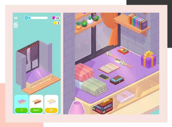 An isometric bedroom design from The Sims 4, a popular house decorating game.