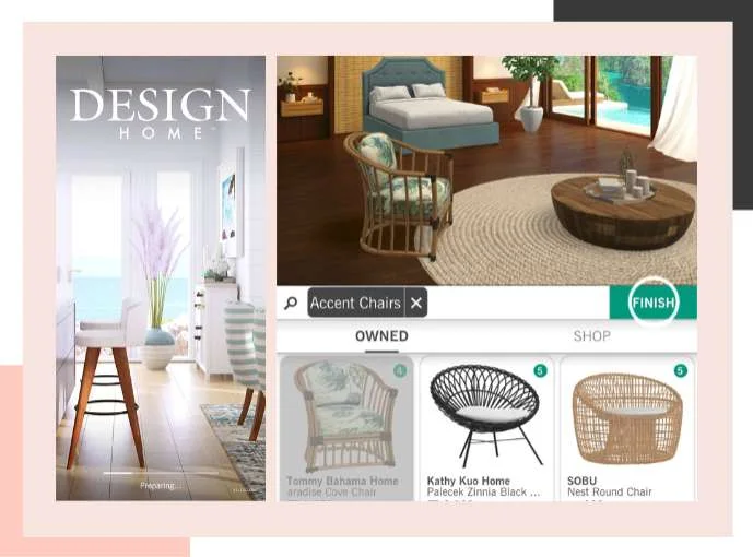 The Design Home game interface displaying a coastal-themed room and chair options.