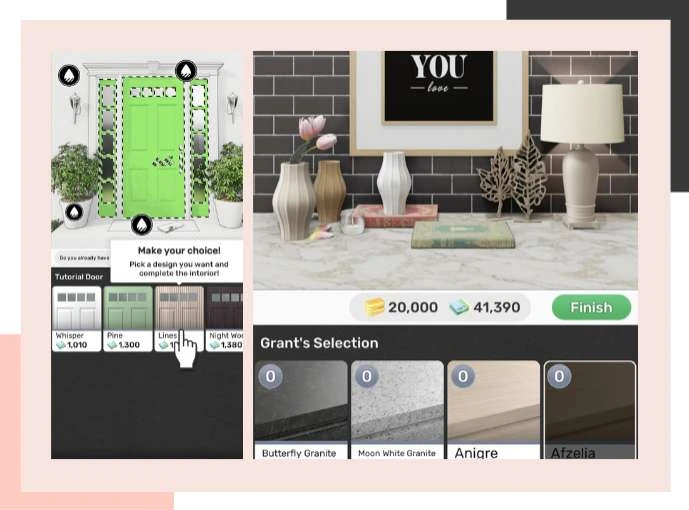 A screenshot from My Home: Design Dreams showing door and material selection options.