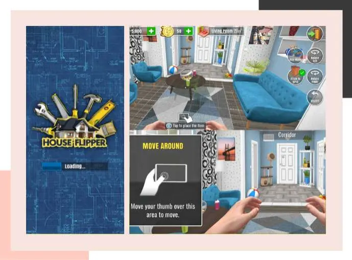 A split-screen view of the House Flipper home design game interface and logo.