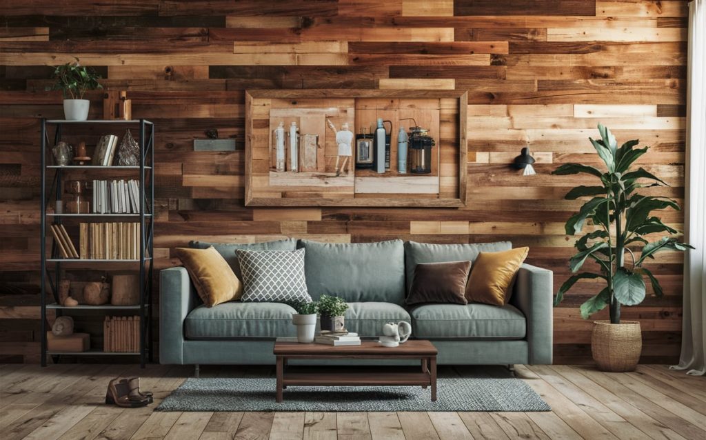 A bright living room with a wooden wall, furniture, and a picture.