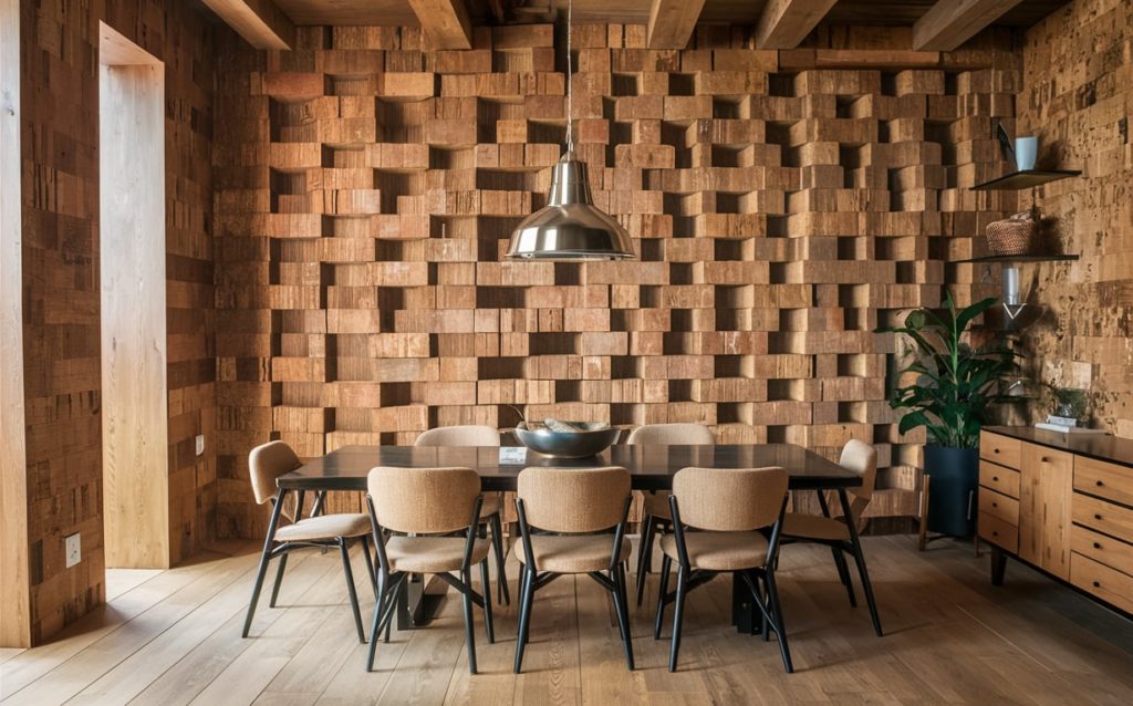 A well-lit dining room with a table and chairs in front of a wood-paneled wall