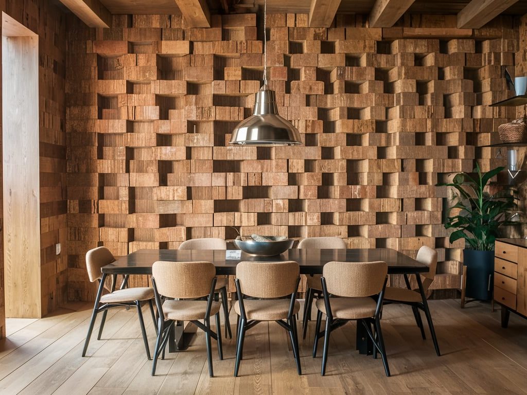A well-lit dining room with a table and chairs in front of a wood-paneled wall