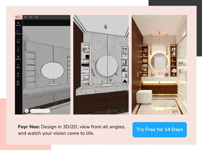 A 3D model of a modern bathroom interior with a sink, toilet, and mirror.