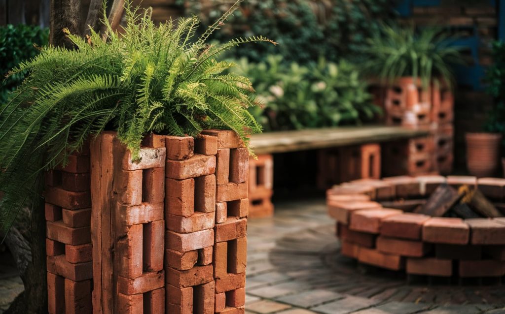 A lush green fern in a brick planter