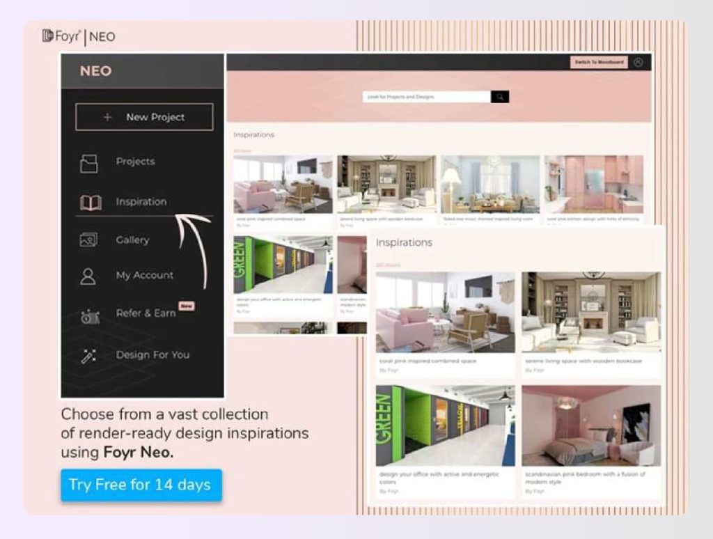 Browsing pre designed room templates in Foyr Neo inspiration tab Browsing pre designed room templates in Foyr Neo inspiration tab