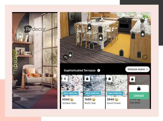 The Redecor home design game showing a decorated kitchen and material options.