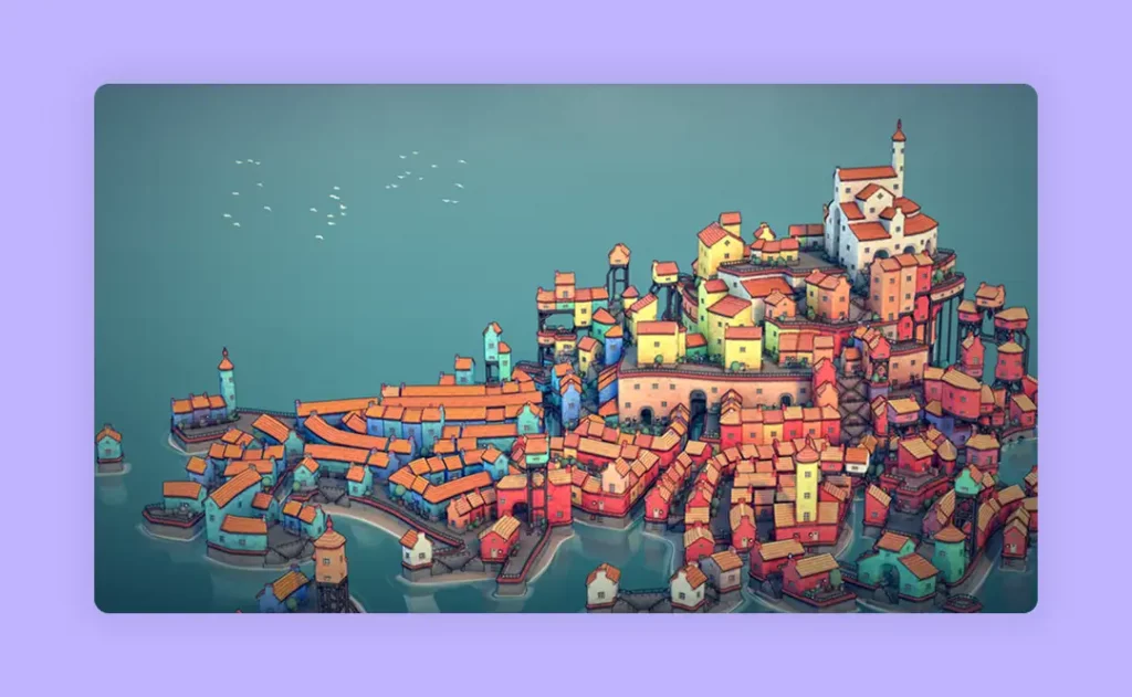 A screen grab from the Townscapes game showing an aerial view of the town