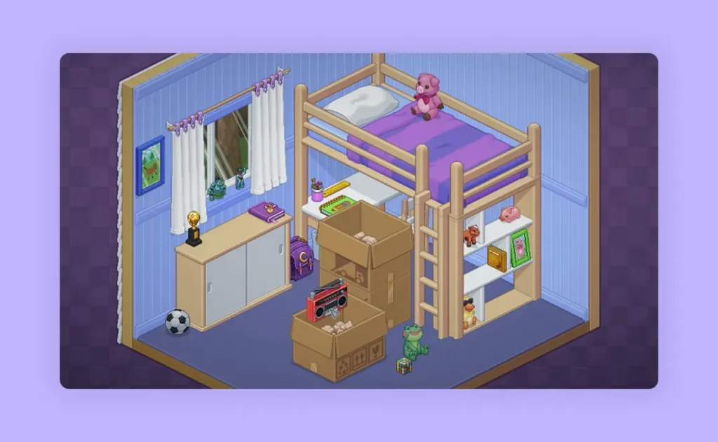 A screenshot of a kids’ room from the Unpacking game.