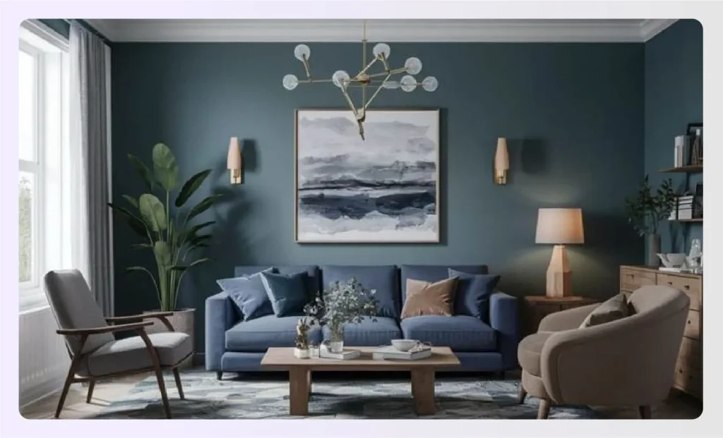 A calming living room with blue, gray, and taupeย A calming living room with blue, gray, and taupeย