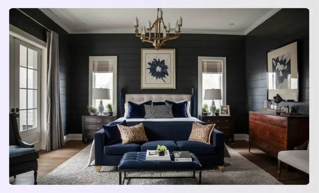 A stately masculine bedroom with black and navyย A stately masculine bedroom with black and navyย
