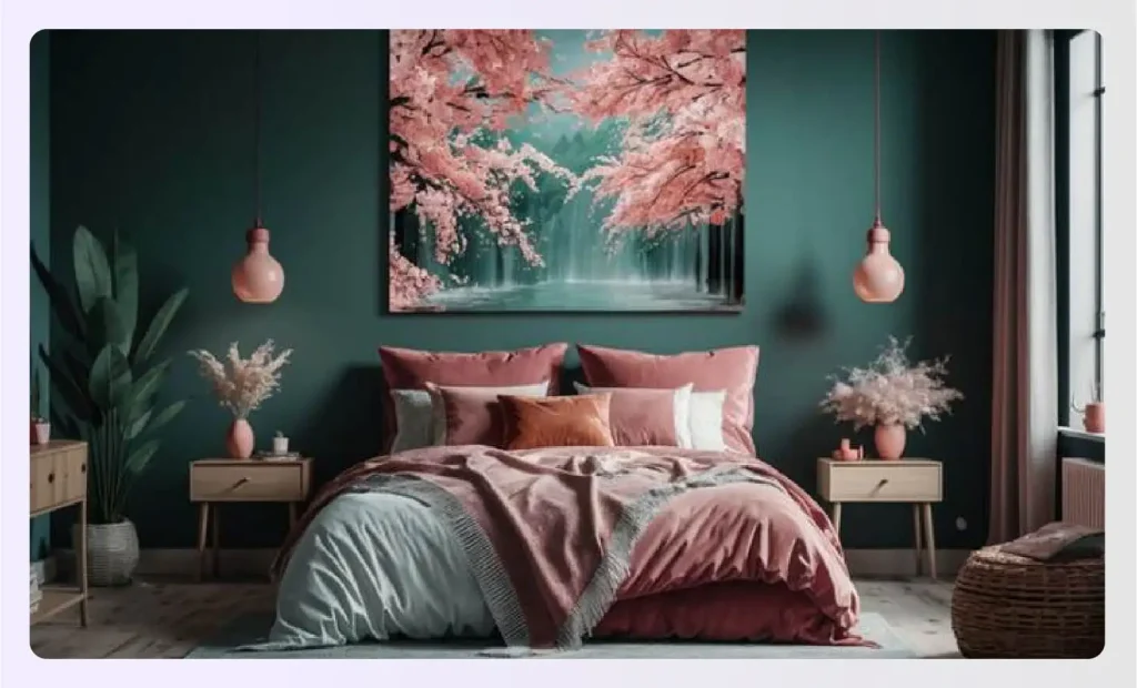 Bedroom with deep green walls and pink beddingย Bedroom with deep green walls and pink beddingย
