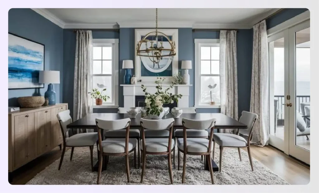 https://wizcommerce.com/software-compatible-with-quickbooks/ Coastal dining room with blue walls and gray chairsย