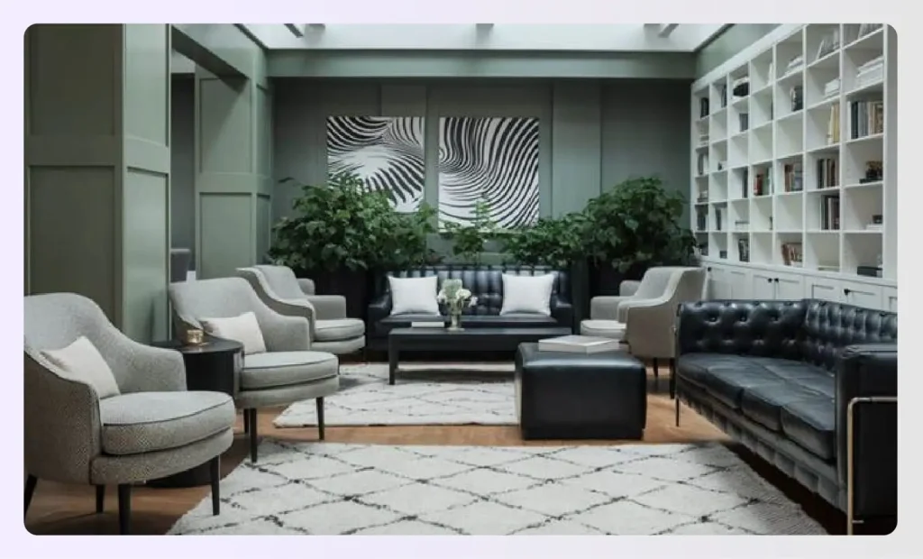 Contemporary living room with gray-green wallsย Contemporary living room with gray-green wallsย