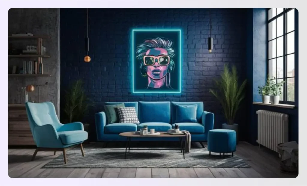 Dark blue living room with a bright neon signย Dark blue living room with a bright neon signย