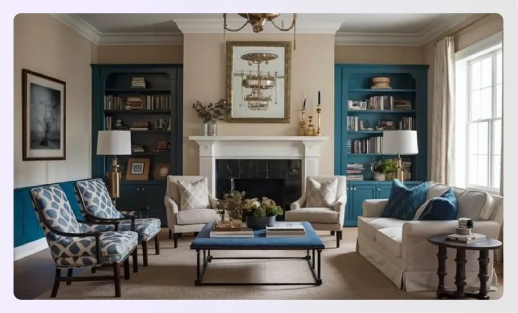 Formal living room with blue and beige furnitureย Formal living room with blue and beige furnitureย