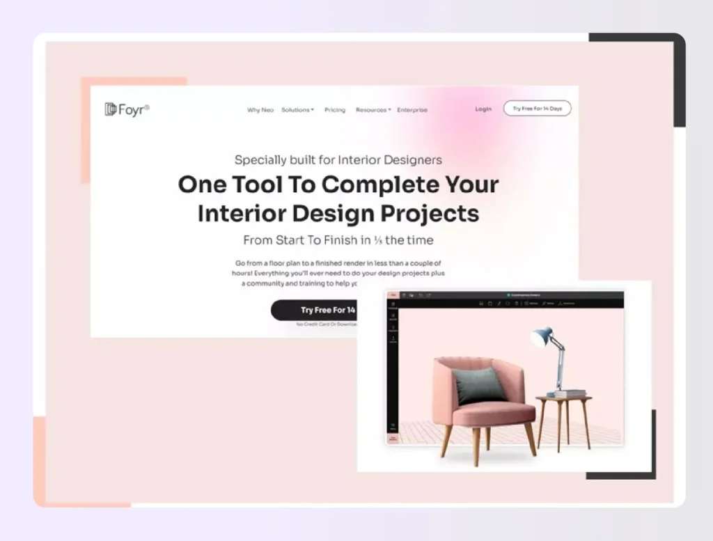 Foyr Neo interior design software landing page interface Foyr Neo interior design software landing page interface