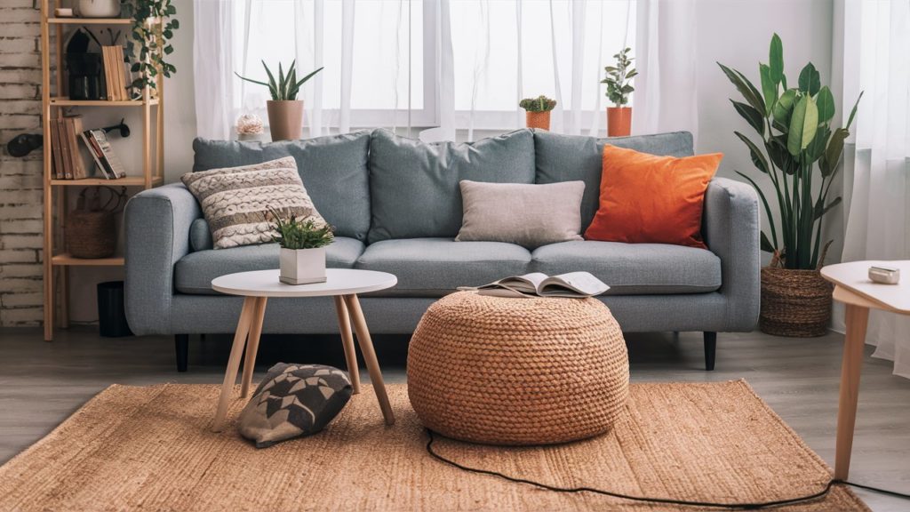 Cozy living room with gray sofa, plants, and a jute rug.