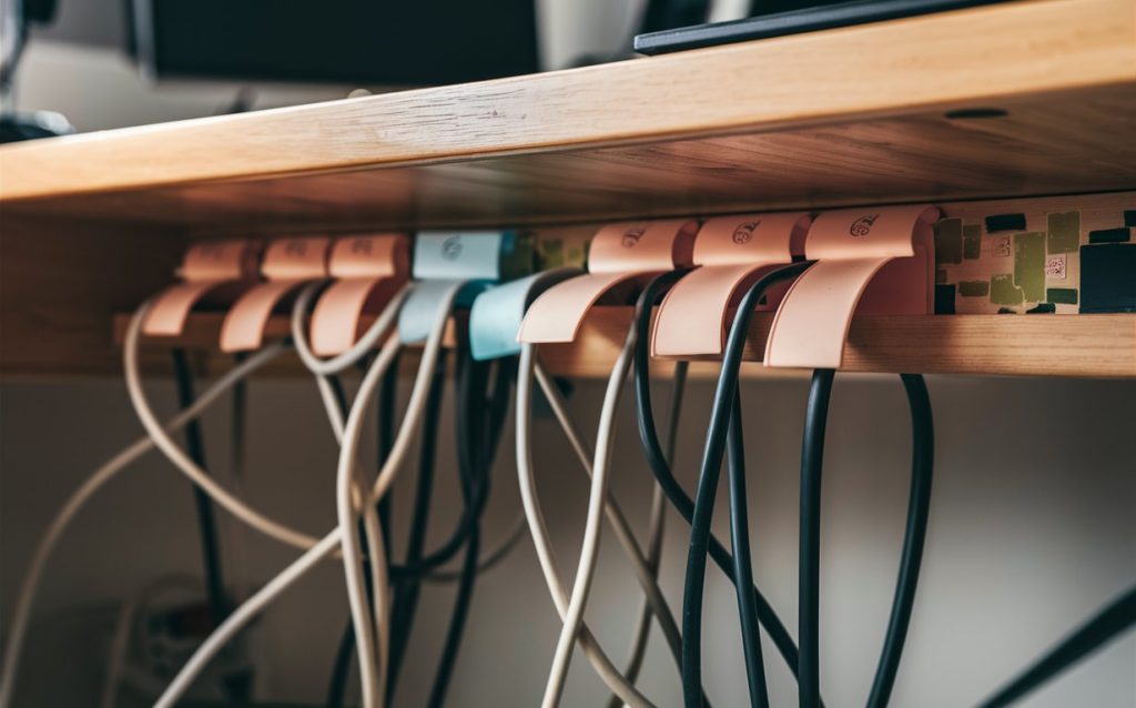 Wooden desk with cable management system.