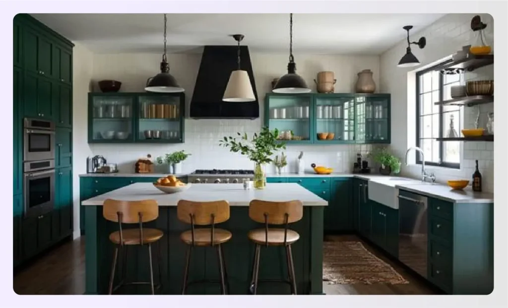 Kitchen with forest green cabinets and light grayย Kitchen with forest green cabinets and light grayย